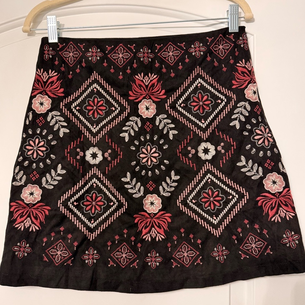 Andre by Unit embroidered suede A-line skirt